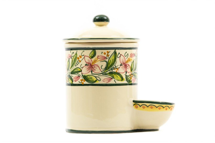 15MIT_Barattolo in ceramica per sale fino con vaschetta laterale orchidea_Ceramiche Liberati Barattolo per sale con vaschetta decoro Orchidea, Ceramiche Liberati