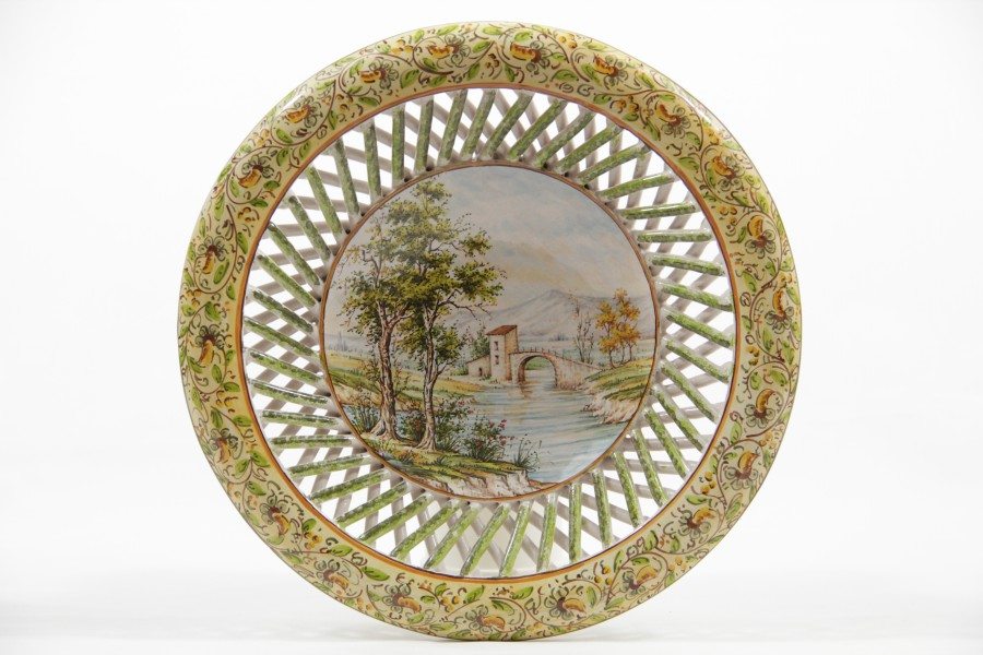 07CTI_Centrotavola con paesaggio tradizionale e fascia intrecciata fatto a mano madeinitaly Ceramiche Liberati Centrotavola in ceramica, Paesaggio e intreccio, Ceramiche Liberati