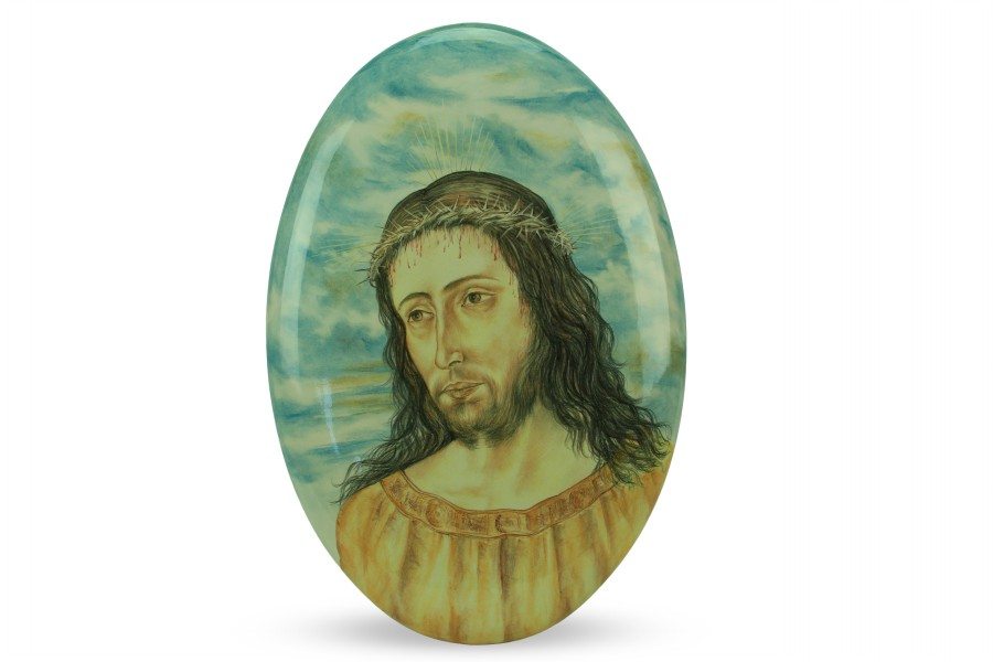 Ovale in ceramica Cristo in corona di spine, dipinto a mano, Ceramiche Liberati