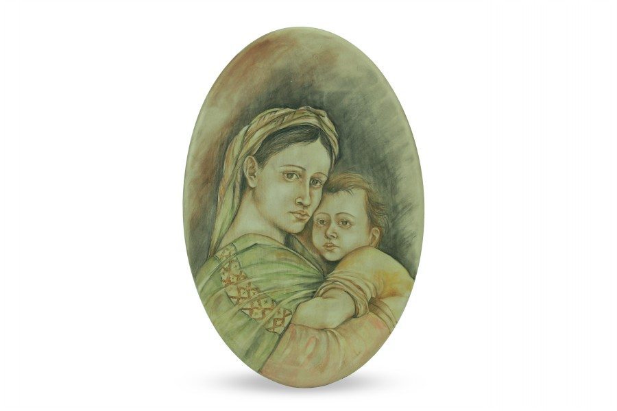 Ovale in ceramica, dipinto a mano Madre Maria e Gesù bambino, Ceramiche Liberati