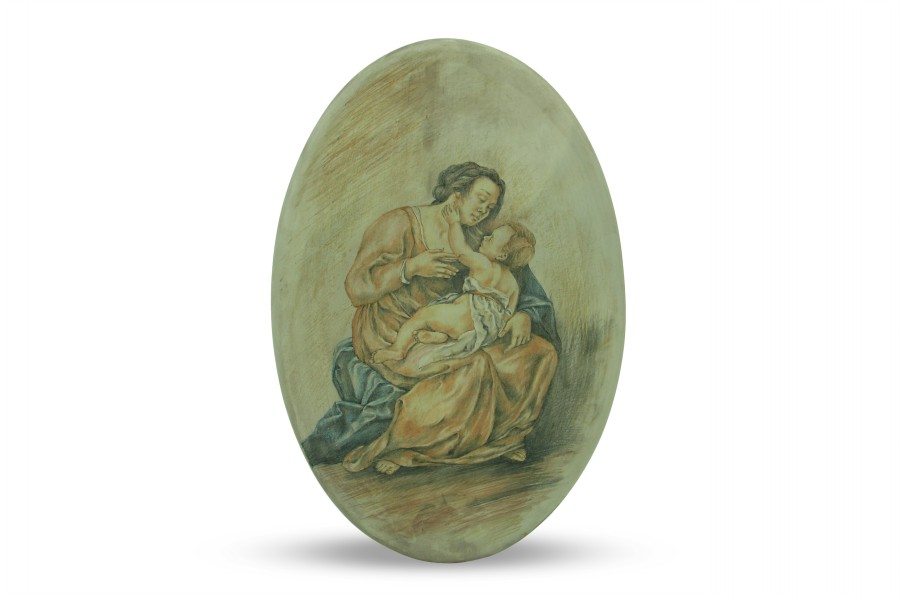 Ovale in ceramica, Madonna con bambino dipinto a mano a colori, Ceramiche Liberati