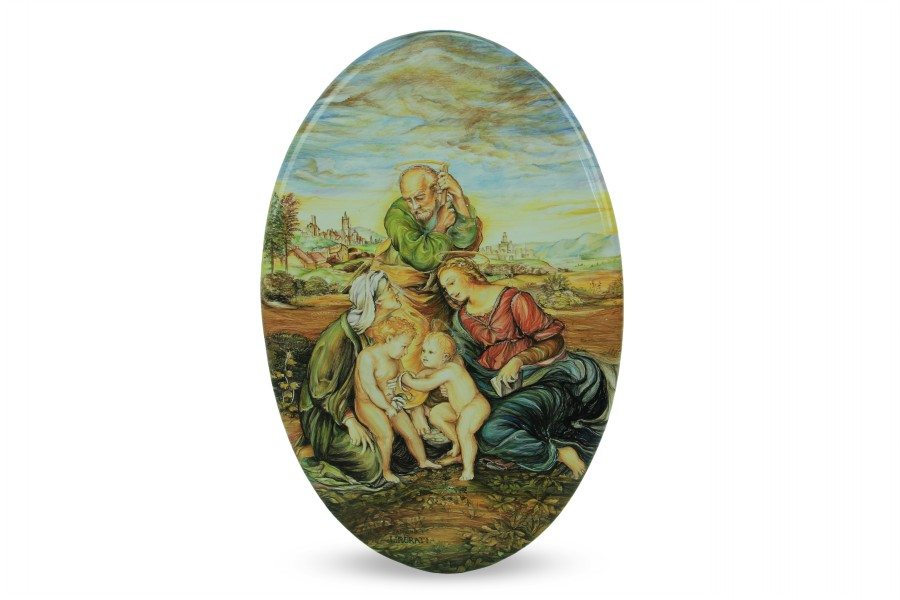 Ovale in ceramica Sacra Famiglia Canigiani, dipinto a mano, Ceramiche Liberati