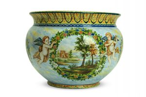 Vaso in ceramica artistica Paesaggio e Puttini dipinto a mano, Ceramiche Liberati