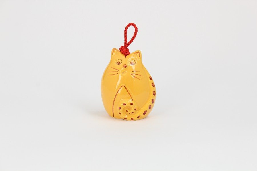 09CAM-ARM_Campanella in ceramica artigianale Gatto sveglio arancio e rosso_Ceramiche Liberati Campanella in ceramica artigianale a forma di Gatto, Ceramiche Liberati