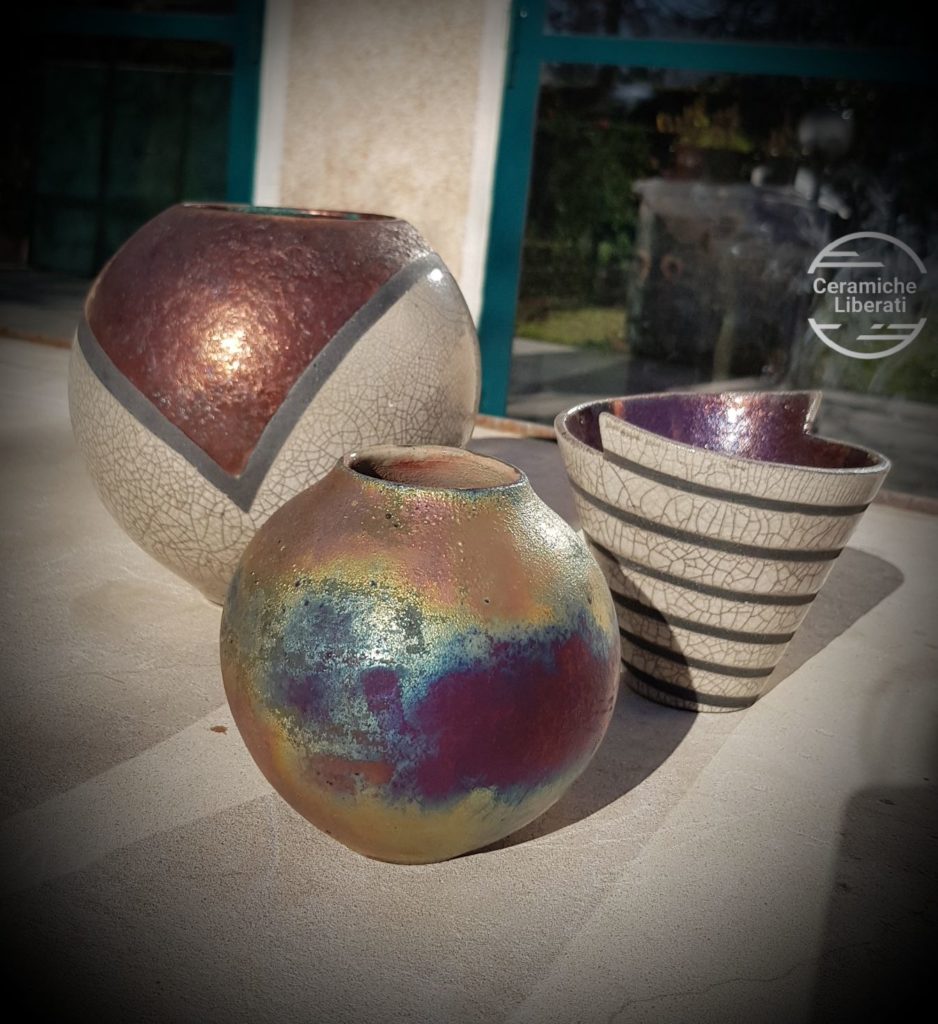 Tris vasi in ceramica raku realizzati artigianalmente Ceramiche Liberati
