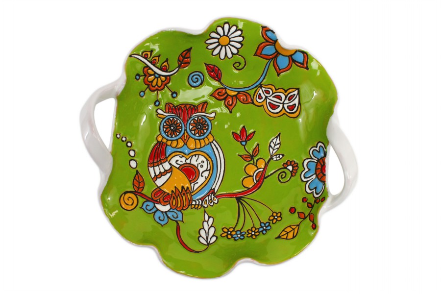 32CFI Centrotavola fruttiera in ceramica cuerda seca con due manici Gufo Ceramiche Liberati