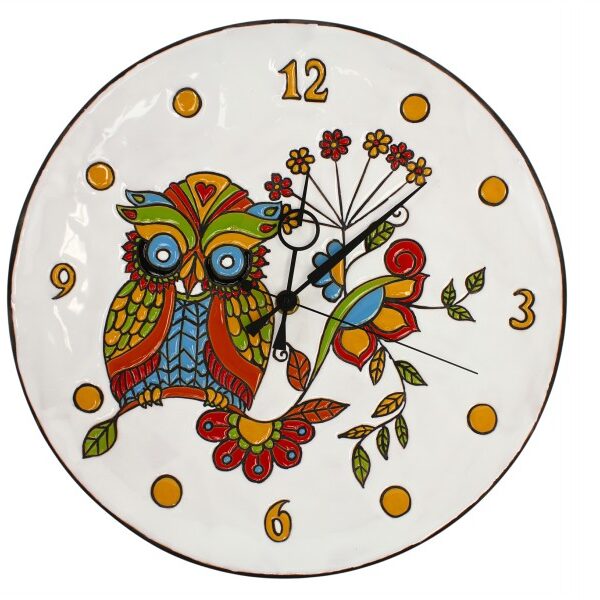 Orologio da muro in ceramica cuerda seca Gufo sfondo bianco