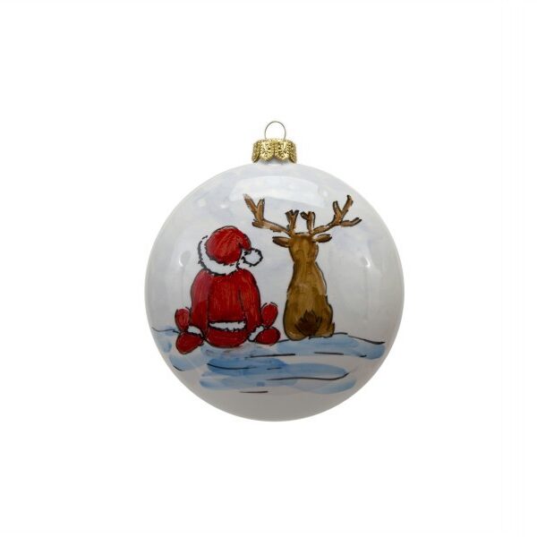 Pallina in ceramica con Babbo Natale e renna di schiena