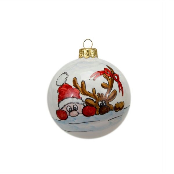Pallina in ceramica Babbo Natale e renna dipinto a mano