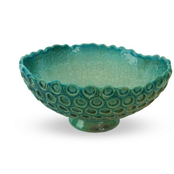 Centrotavola blu acqua in ceramica lavorazione raku