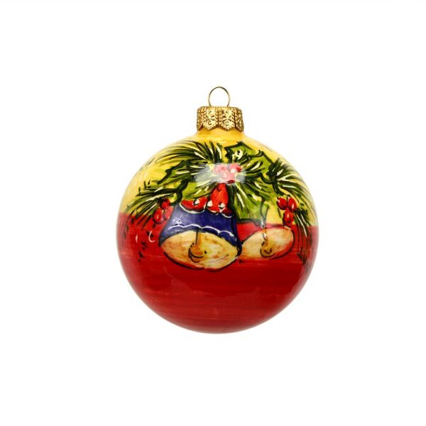 Pallina di Natale in ceramica Campanelle natalizie fascia bicolore, dipinto a mano