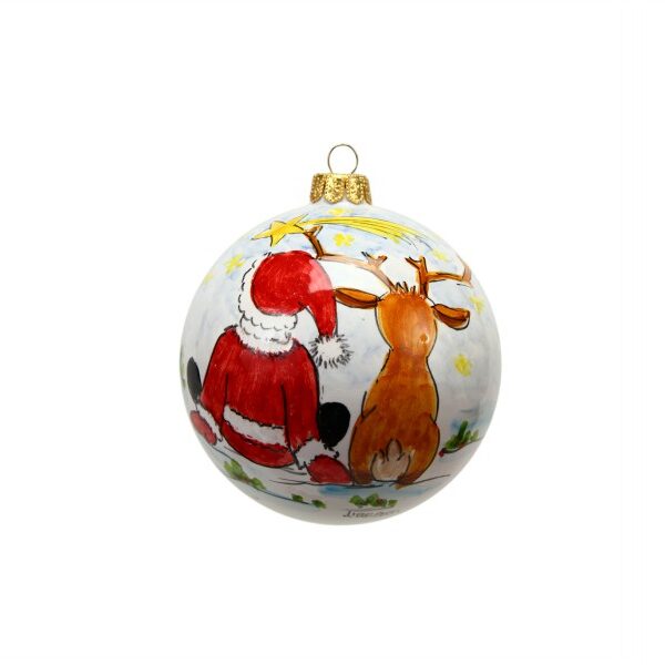 Pallina in ceramica con Babbo Natale, renna e Stella cometa