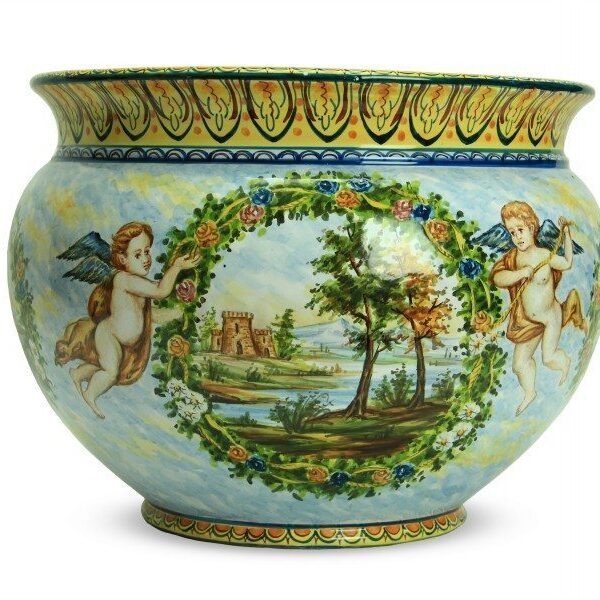 Vaso in ceramica Paesaggio e Puttini dipinto a mano