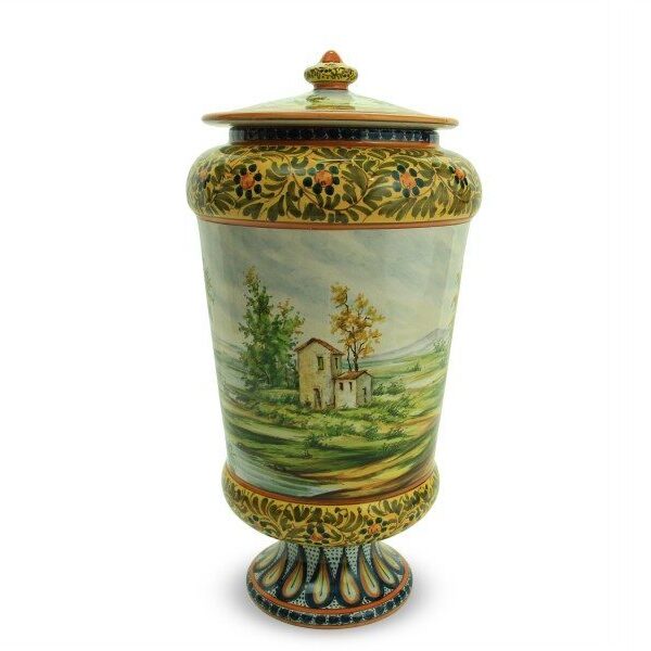 Vaso da farmacia con coperchio in ceramica con Paesaggio