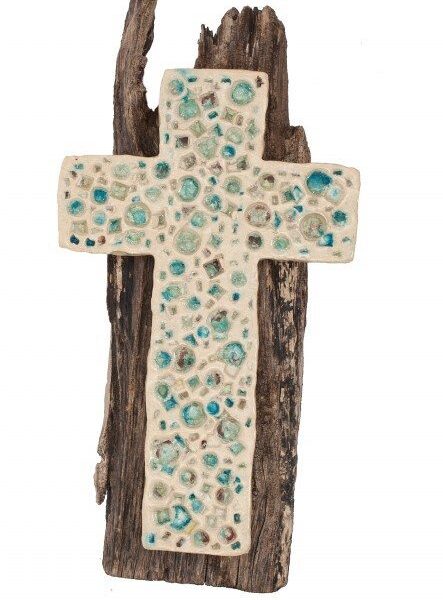 Croce in ceramica bianca con cristalli e legno