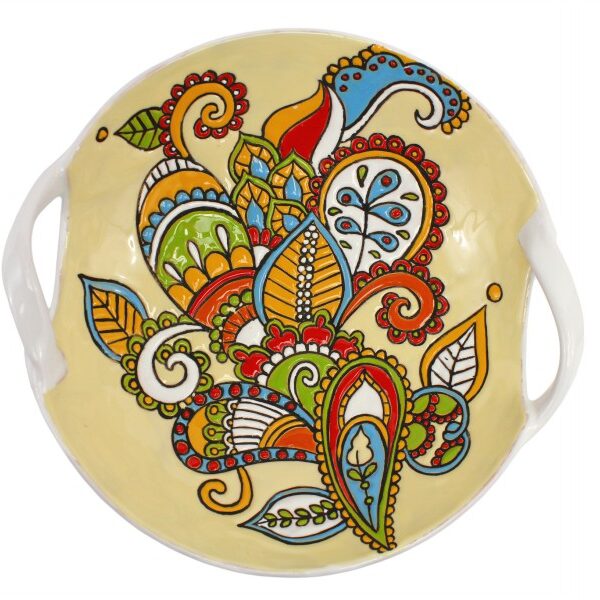 Centrotavola fruttiera in ceramica cuerda seca con due manici decoro floreale