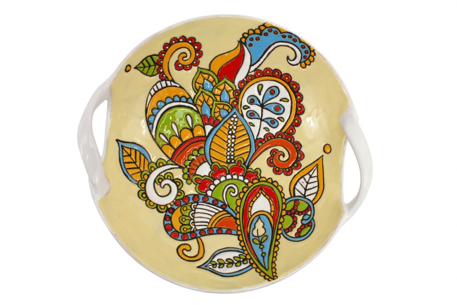 33CFI Centrotavola fruttiera in ceramica cuerda seca con due manici decoro floreale Ceramiche Liberati