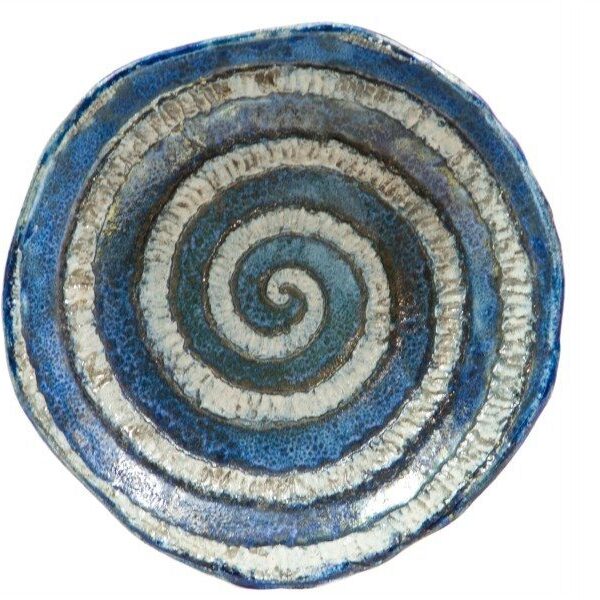 Centrotavola in ceramica raku, decoro a spirale bicolore